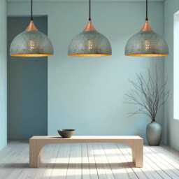 Handmade Blue Patina Brass Dome Pendant Light Perforated Rustic Hanging Lamp - thumbnail 2