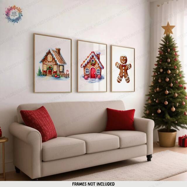 Christmas Gingerbread Print Set - 3 Posters - Man, House Merry Xmas Wall Art Winter Artwork A4 A3 Watercolour Prints - image 1