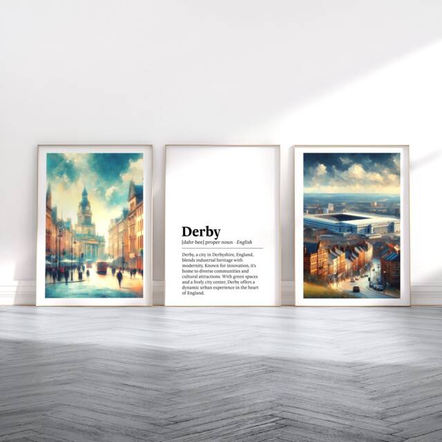 Derby Poster Prints - Set Of 3 Posters - Watercolour Wall Art Decor Travel England Hanging Artwork Gift Derbyshire UK - image 1