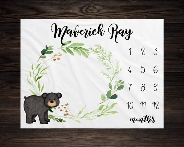 Woodland Milestone Blanket Monthly Growth Tracker Soft Fleece Bear Baby Shower Gift Newborn Watch Me Grow Boy - image 1