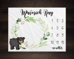 Woodland Milestone Blanket Monthly Growth Tracker Soft Fleece Bear Baby Shower Gift Newborn Watch Me Grow Boy - thumbnail 1