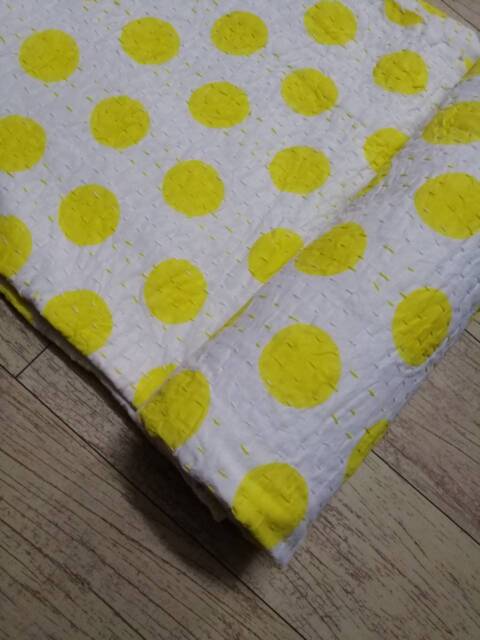 Craftofindiaart Yellow Print Decorative Indian Handmade Polka Dot Kantha Quilt, Bedspread Size Multi - image 1