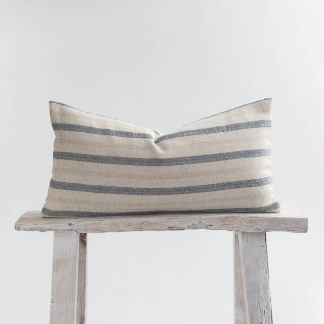 Rustic Linen Cotton Blue Navy Striped Lumbar Pillow Cushion Cover Beige Oatmeal, Coastal, Nautical - image 1