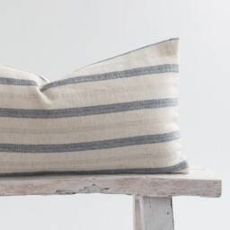 Rustic Linen Cotton Blue Navy Striped Lumbar Pillow Cushion Cover Beige Oatmeal, Coastal, Nautical - thumbnail 2