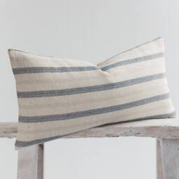 Rustic Linen Cotton Blue Navy Striped Lumbar Pillow Cushion Cover Beige Oatmeal, Coastal, Nautical - thumbnail 3