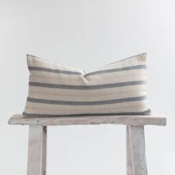 Rustic Linen Cotton Blue Navy Striped Lumbar Pillow Cushion Cover Beige Oatmeal, Coastal, Nautical - thumbnail 1