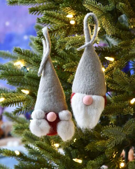 Felt Christmas Grey - Red Santa Gnome Baubles, Pair Of 2 Claus & Mrs Baubles