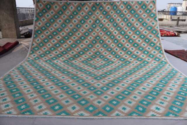 9x10 Ft Brown Turquoise Geometric Unique Design Afghan Kilim Rug, Wool Handmade Flatweave Boho Oriental Vintage Living Room Bedroom Rug - image 1