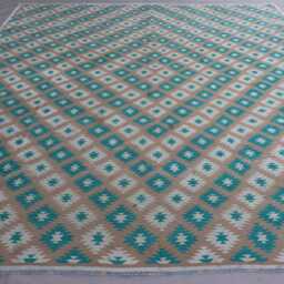 9x10 Ft Brown Turquoise Geometric Unique Design Afghan Kilim Rug, Wool Handmade Flatweave Boho Oriental Vintage Living Room Bedroom Rug - thumbnail 3