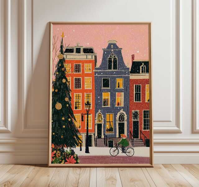 Amsterdam Christmas Art Print, Whimsical Winter City Illustration, Colorful Townhouse Wall Art, Festive Holiday Street Scene Poster - image 1