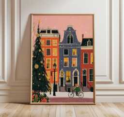 Amsterdam Christmas Art Print, Whimsical Winter City Illustration, Colorful Townhouse Wall Art, Festive Holiday Street Scene Poster - thumbnail 1