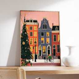 Amsterdam Christmas Art Print, Whimsical Winter City Illustration, Colorful Townhouse Wall Art, Festive Holiday Street Scene Poster - thumbnail 2