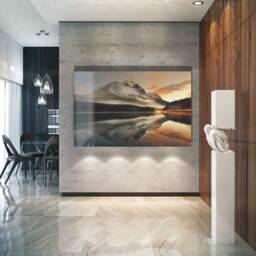 Golden Mountain Sunset Landscape Glass Wall Art - Nature Reflection Tempered Print For Living Room - thumbnail 3