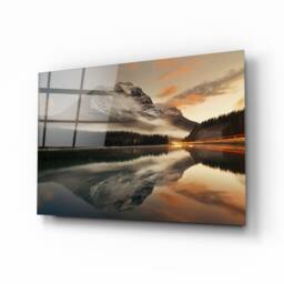 Golden Mountain Sunset Landscape Glass Wall Art - Nature Reflection Tempered Print For Living Room - thumbnail 1