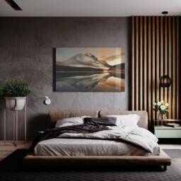 Golden Mountain Sunset Landscape Glass Wall Art - Nature Reflection Tempered Print For Living Room - thumbnail 2