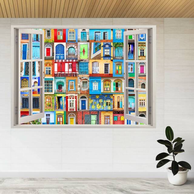 Colourful Houses & Doors 3D Window View Wall Sticker Poster Decal A950 - image 1