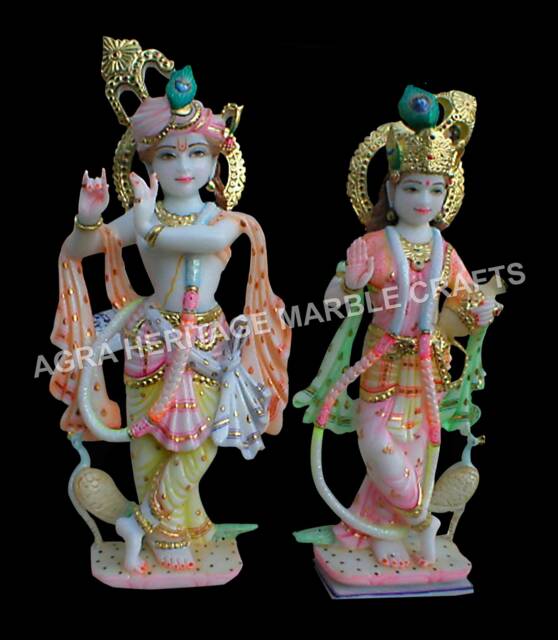 Handmade Marble Radha Krishna Statue, Hand Painted Temple Murti - 18 Inch