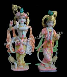 Handmade Marble Radha Krishna Statue, Hand Painted Temple Murti - 18 Inch