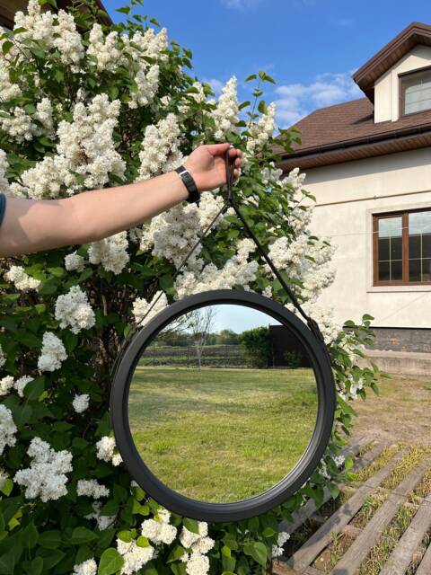 Black Frame Bathroom Mirror From Wood, Modern Round Wall, Large Circle Wood Framed, Wall Scandinavian Strap For Hallway - image 1