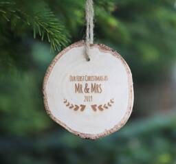 Engraved Wooden Mr & Mrs Christmas Ornament - First 2025