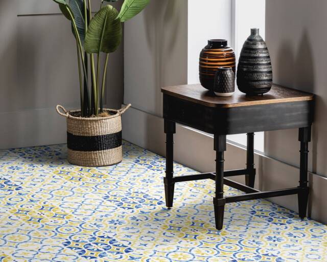 Madrid Azulejo Classic Vinyl Flooring, Yellow Waterproof Material, Blue Easy To Clean Tiles Gift For Her, Abstract Decor - image 1