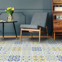 Madrid Azulejo Classic Vinyl Flooring, Yellow Waterproof Material, Blue Easy To Clean Tiles Gift For Her, Abstract Decor - thumbnail 3