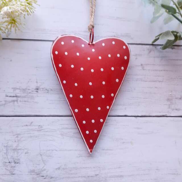 Large Red Polka Dot Metal Hanging Heart - Decoration Wall Decor Rustic Gift Wedding Decorative - image 1