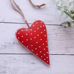 Large Red Polka Dot Metal Hanging Heart - Decoration Wall Decor Rustic Gift Wedding Decorative - thumbnail 2