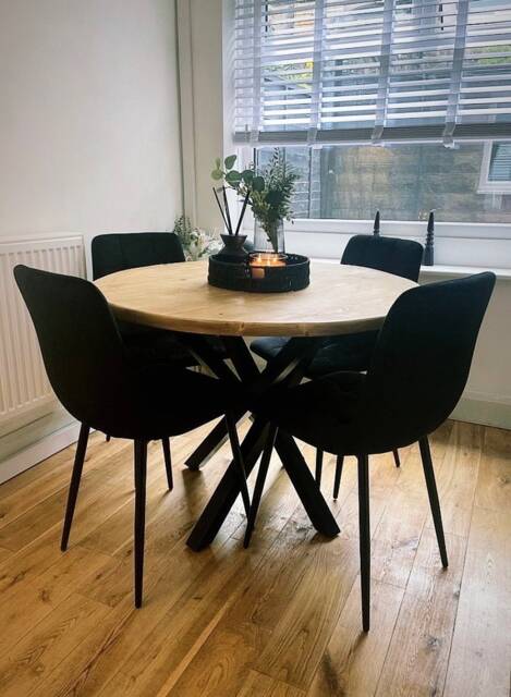 Solid Wood Round Dining Table - Circular Industrial Black Metal Spider Legs - image 1