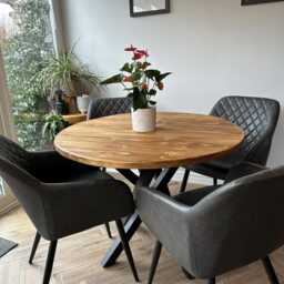 Solid Wood Round Dining Table - Circular Industrial Black Metal Spider Legs - thumbnail 3