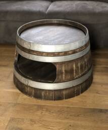 Wine Barrel Coffee Table With Shelf, Rounded Corners, Whiskey Look