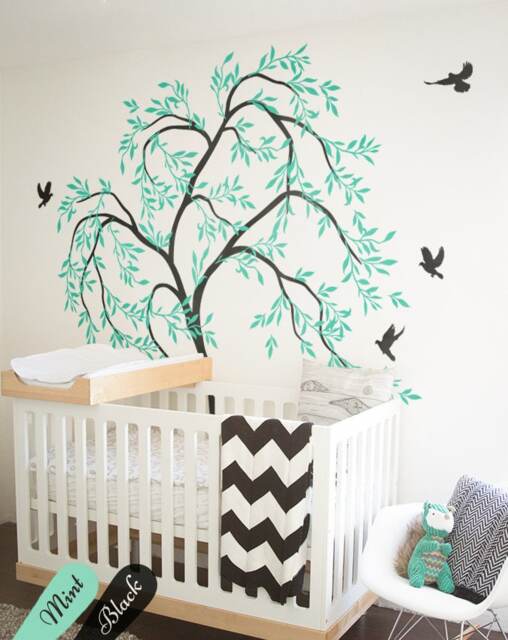Nursery Tree Wall Decals With Cute Birds Also Known As Wall Tattoo Large Leaves, Baby Room Decoration, Stickers Kw30_2 - image 1