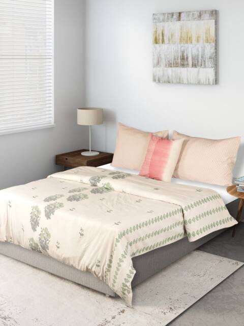 Vintage Style Floral Bed Linen, Pure Cotton French Antique Beige Bedding, Green Bedding Set With Pillow Cases, Cottage Farmhouse - image 1