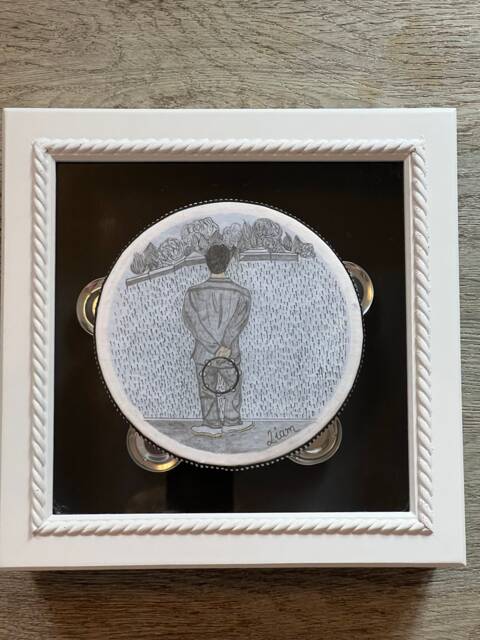 Hand-Drawn Liam Gallagher Oasis Tambourine Art in Wood Frame - image 1