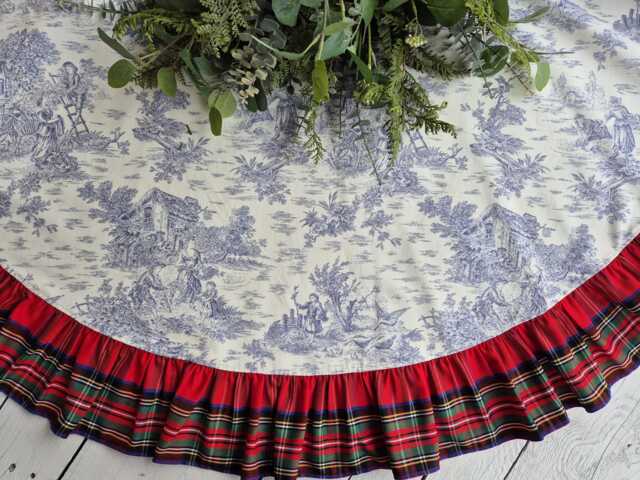 Blue Toile Tree Skirt With Plaid Trim, Chinoicery Skirtr, Christmas, French Country Christmas Decor - image 1