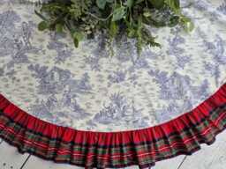 Blue Toile Tree Skirt With Plaid Trim, Chinoicery Skirtr, Christmas, French Country Christmas Decor