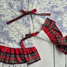 Blue Toile Tree Skirt With Plaid Trim, Chinoicery Skirtr, Christmas, French Country Christmas Decor - thumbnail 2