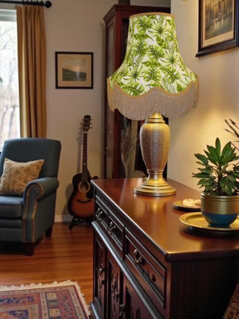 Green Tropical Palm Leaf Lampshade With Gold Fringe Handmade For Ceiling Pendants Shades, Table & Floor Standard Lamp Shades - image 1