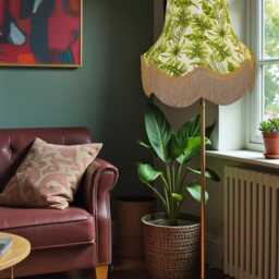 Green Tropical Palm Leaf Lampshade With Gold Fringe Handmade For Ceiling Pendants Shades, Table & Floor Standard Lamp Shades - thumbnail 2