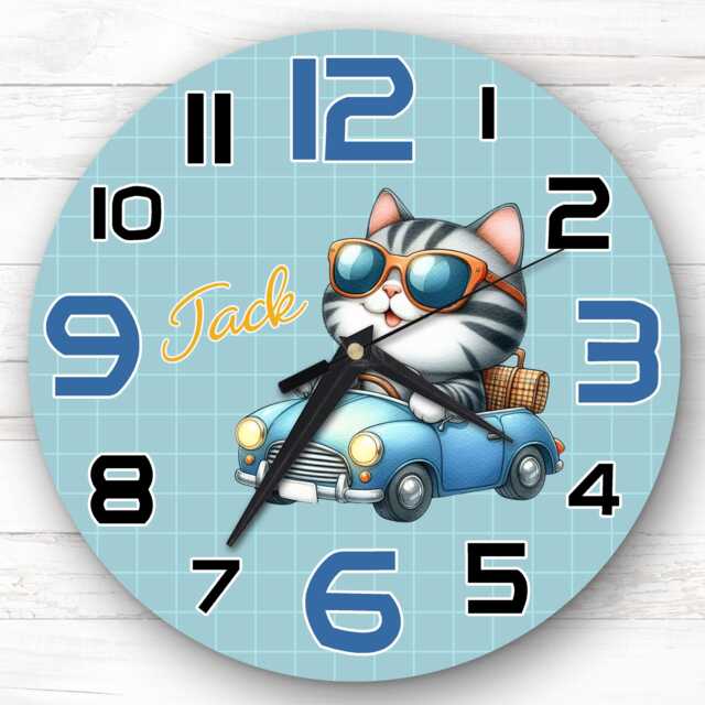 Car Sunglasses Cat Personalised Gift For Kid's Bedroom Clock - Kids Clock, Children's Decor, Custom Wall - image 1