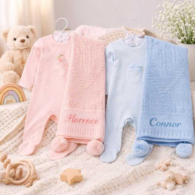 Personalised Baby Gift Set - Embroidered Blanket, Sleepsuit, Custom Name Keepsake - image 1