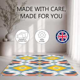 Blue Yellow Tribal Geometric Rug Non-Slip Soft Area Carpet Bedroom Living Room Hallway Mat Decor - Made in UK - thumbnail 2