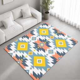 Blue Yellow Tribal Geometric Rug Non-Slip Soft Area Carpet Bedroom Living Room Hallway Mat Decor - Made in UK - thumbnail 1