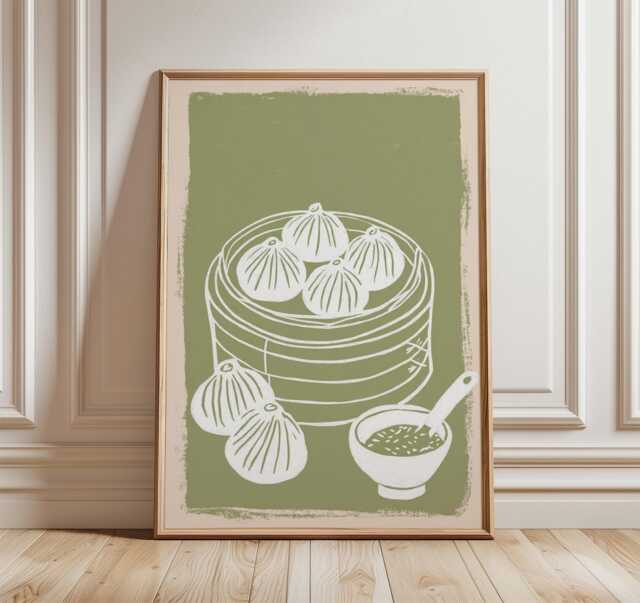 Dimsum Kitchen Wall Art, Minimal Line Drawing Poster, Asian Food Print, Green Modern Decor, Restaurant Artwork, Contemporary Home Style - image 1