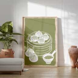 Dimsum Kitchen Wall Art, Minimal Line Drawing Poster, Asian Food Print, Green Modern Decor, Restaurant Artwork, Contemporary Home Style - thumbnail 3