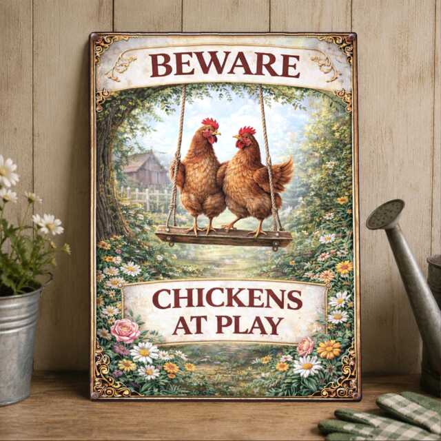 Tin Sign Beware Chickens At Play Chicken Funny Coop Vintage Garden Wall Art Lover Gift - image 1