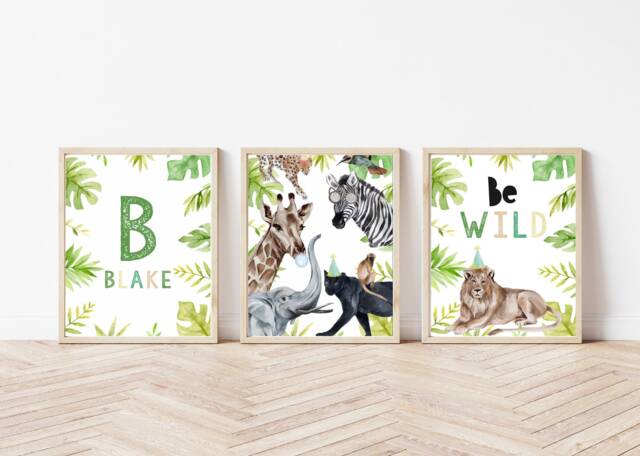 Set Of 3 Personalised Safari Themed Prints - Nursery Gift Bedroom Room Home A4 Bespoke New