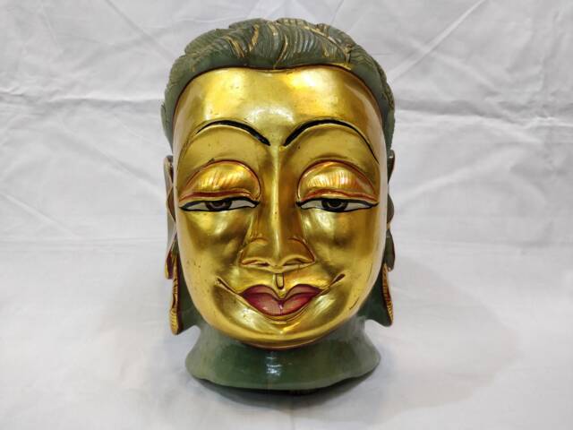 Green Jade Gold Face Buddha Head Statue, Gemstone Gautam Bust, Spiritual Religious Altar Decor - image 1