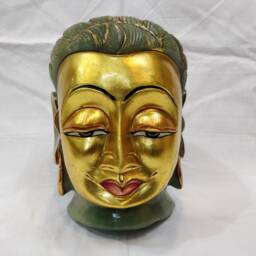 Green Jade Gold Face Buddha Head Statue, Gemstone Gautam Bust, Spiritual Religious Altar Decor - thumbnail 2