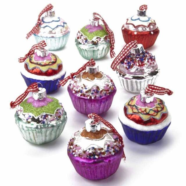 Set Of 9 Assorted Cupcakes With Sprinkles Christmas Tree Decoration - Festive Winter Baking Star Baker Bake Off Cakes Dessert Sweet Candy